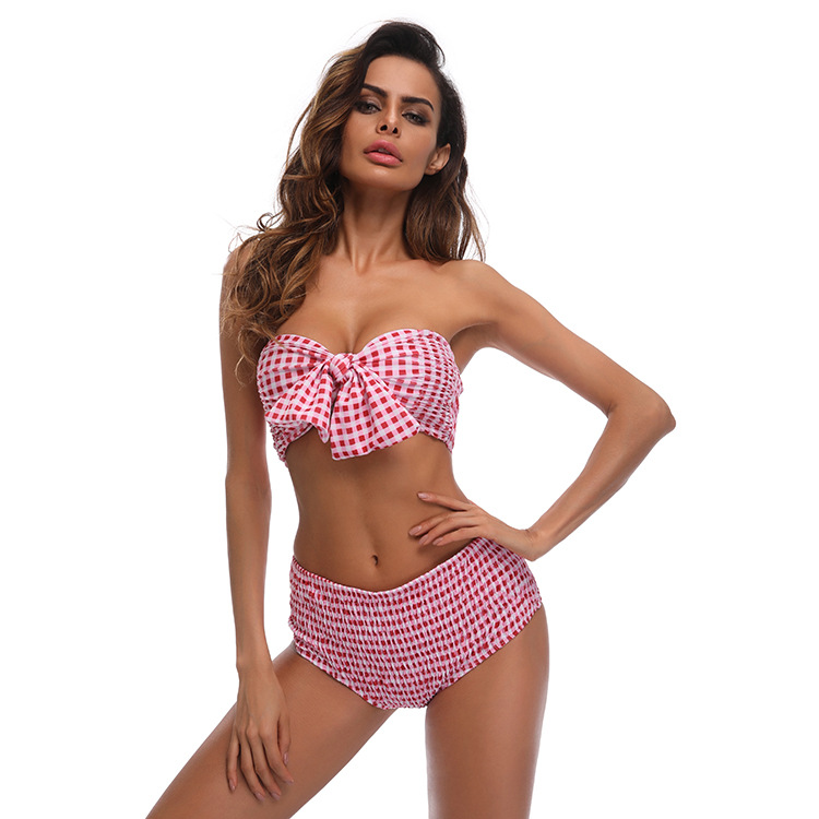 F4683-3  Two Pieces Grid Bow Tie Bikini Sets(Pink)